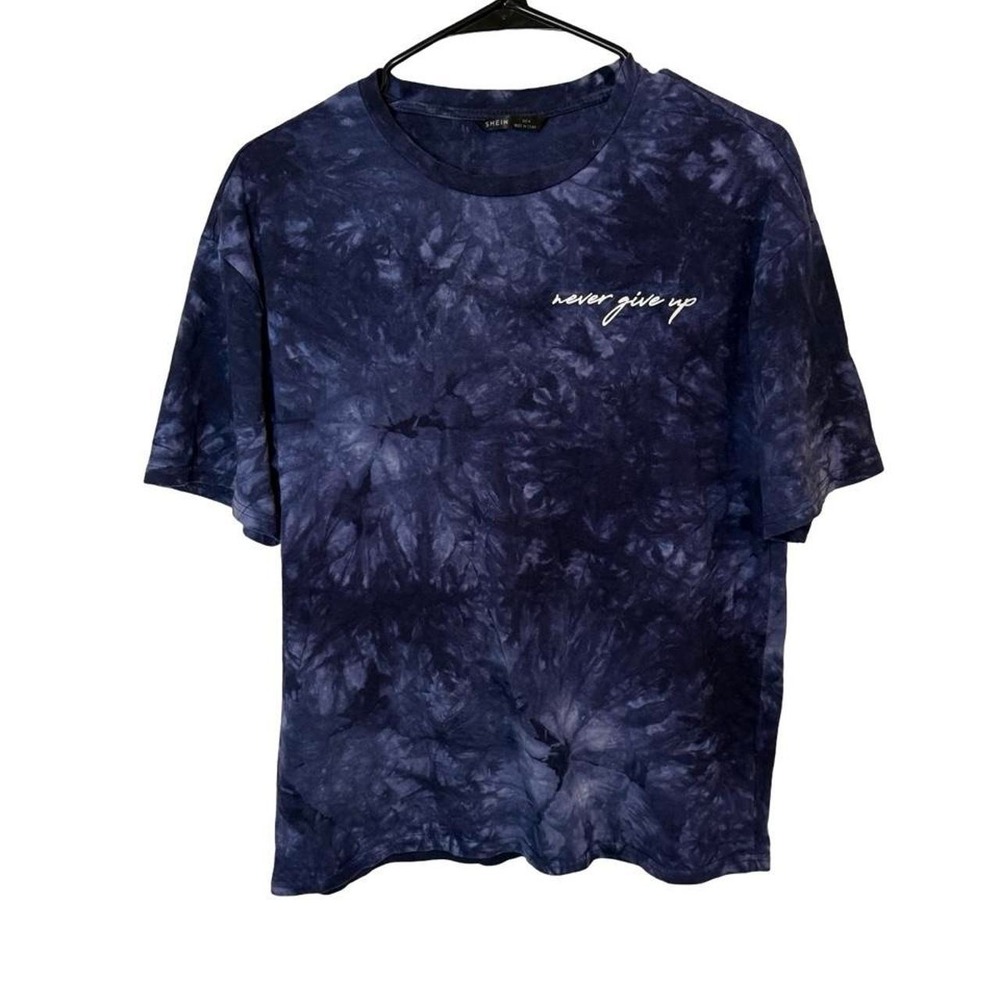 SHEIN Never Give Up Tie Dye T-Shirt Navy Blue Purple Graphic Tee Size M
